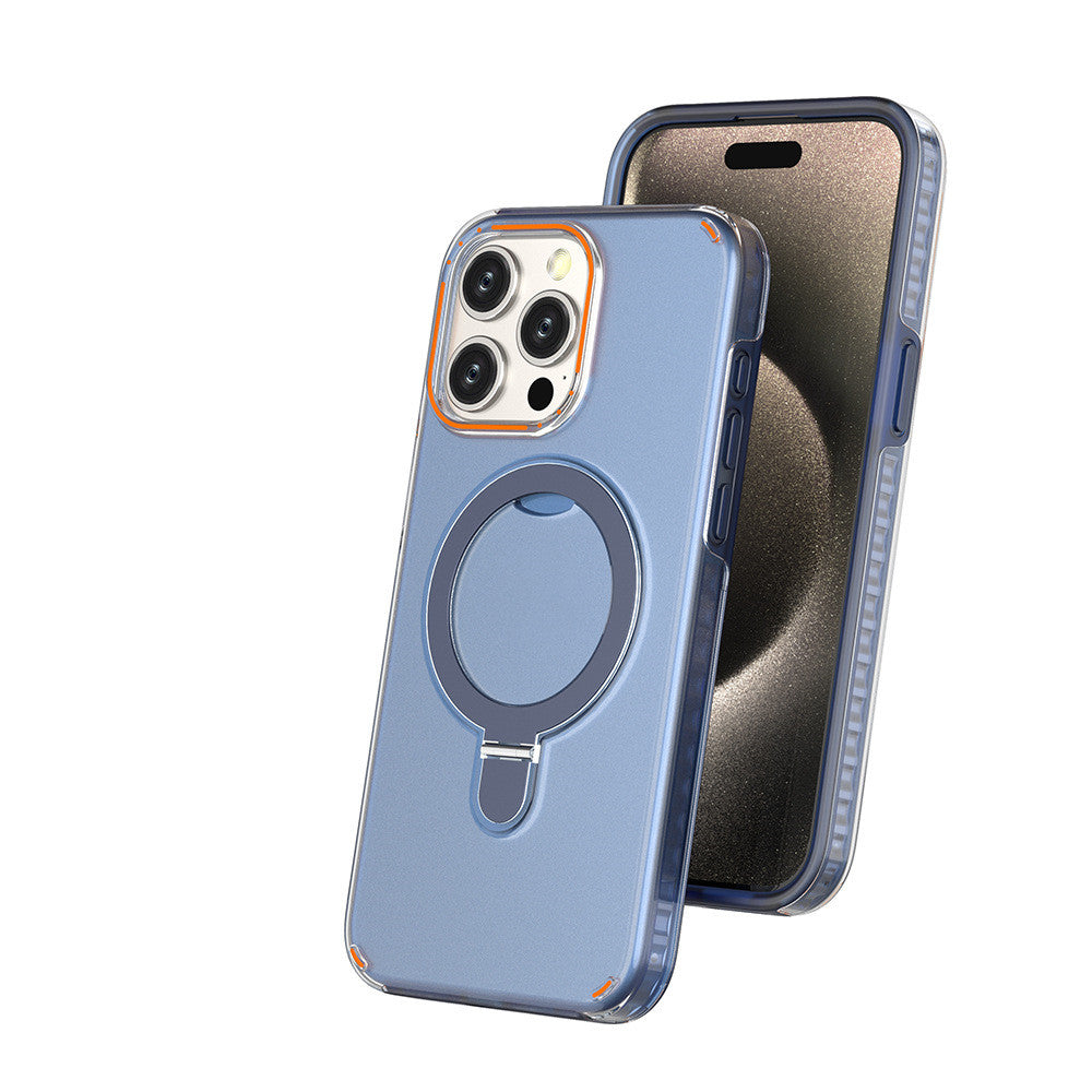 Sapphire blue transparent phone case with magnetic ring stand and camera cutouts