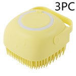Yellow silicone pet bath massage brush with circular pad and short rubber bristles, 3 pack