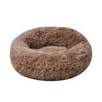 Round shaggy pet sleep bed in coffee brown, with padded rim and recessed inner bed
