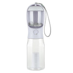 3-in-1 portable dog water bottle in white with mesh strainer cup and carry strap