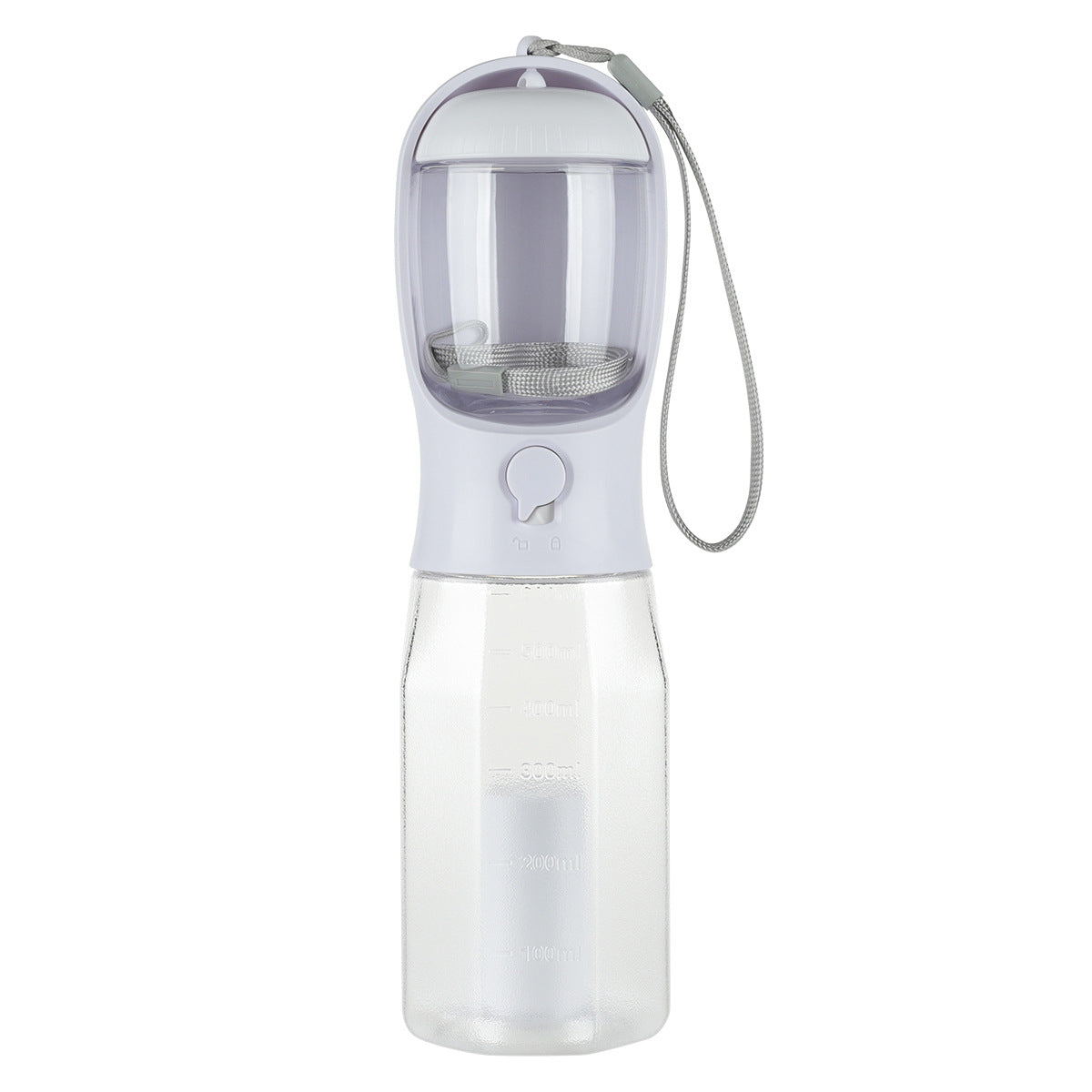3-in-1 portable dog water bottle in white with mesh strainer cup and carry strap