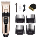 Beige pet hair clipper with several black comb guards and charging accessories.