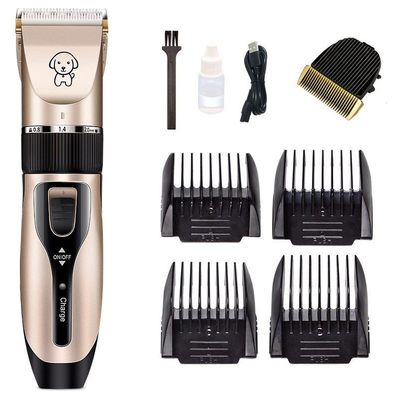 Beige pet hair clipper with several black comb guards and charging accessories.