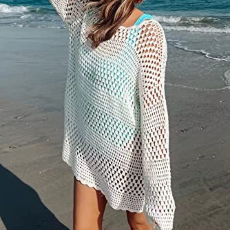 Women’s crochet hollow beach cover-up sweater, white with loose bell sleeves