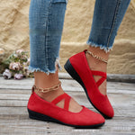 Red suede wedge cross-strap flat pumps with ankle chain and T-strap cutouts