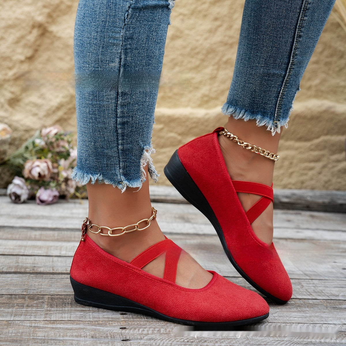 Red suede wedge cross-strap flat pumps with ankle chain and T-strap cutouts