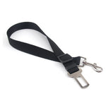 Adjustable dog car seat belt strap in black with metal clips and buckle adjuster.