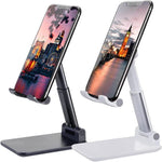 Foldable desktop phone stand with black base and adjustable holder for smartphones