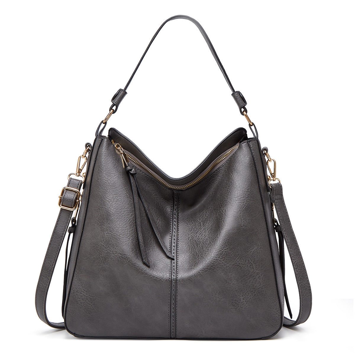 Dark gray hobo bucket bag with top zipper and dual shoulder straps