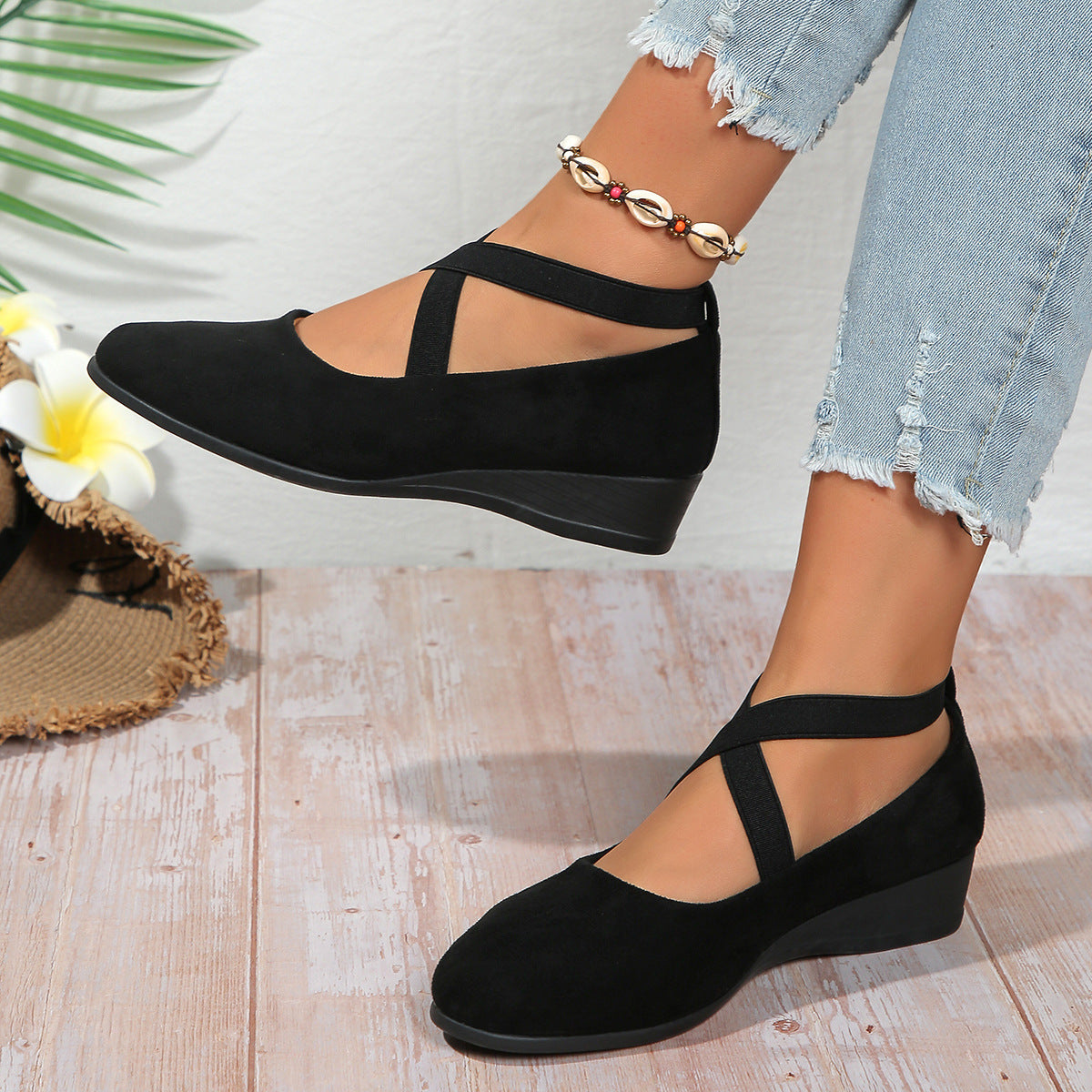 Women’s pointed toe cross-strap wedge flats in black suede with elastic band at ankle