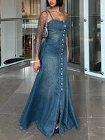 Denim suspender dress with wide straps, front buttons, and patch pockets on the skirt
