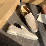 Men's suede loafers, light beige slip-on driving style with white rubber sole