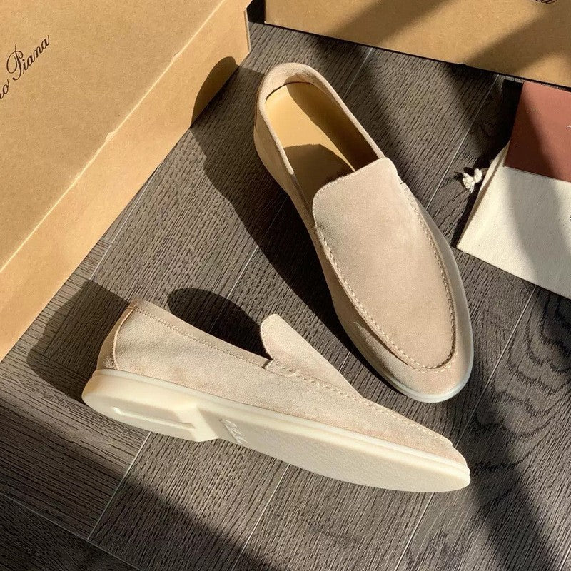 Men's suede loafers, light beige slip-on driving style with white rubber sole