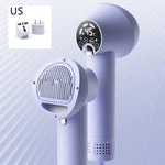 Purple pet hair dryer with brush-comb head and digital display plus US plug adapter