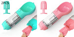 Portable pet water bottle feeder with teal and pink bowls, clear bottle, includes pink waste bags