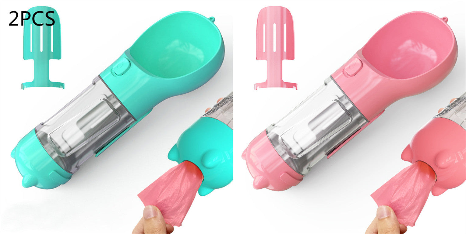 Portable pet water bottle feeder with teal and pink bowls, clear bottle, includes pink waste bags