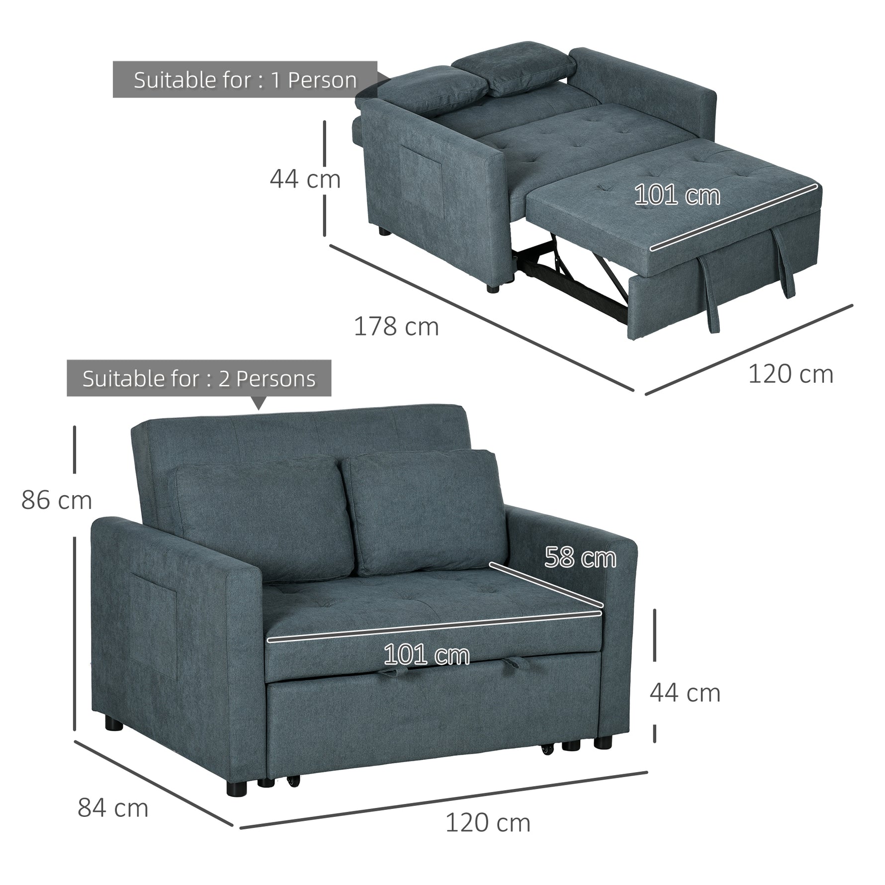 Loveseat Sofa Bed – Click-Clack Convertible Settee, Charcoal Grey