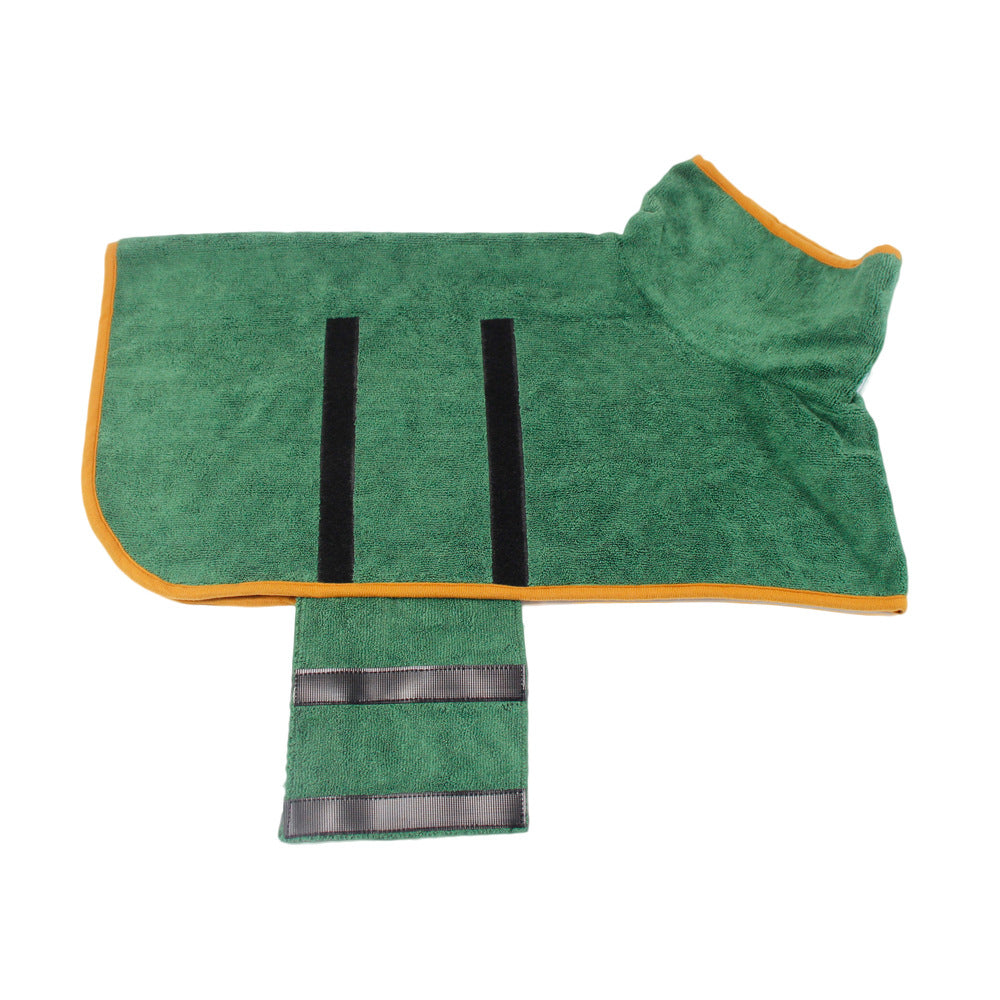 Green microfiber dog bathrobe waist wrap with orange edge and two black Velcro strips