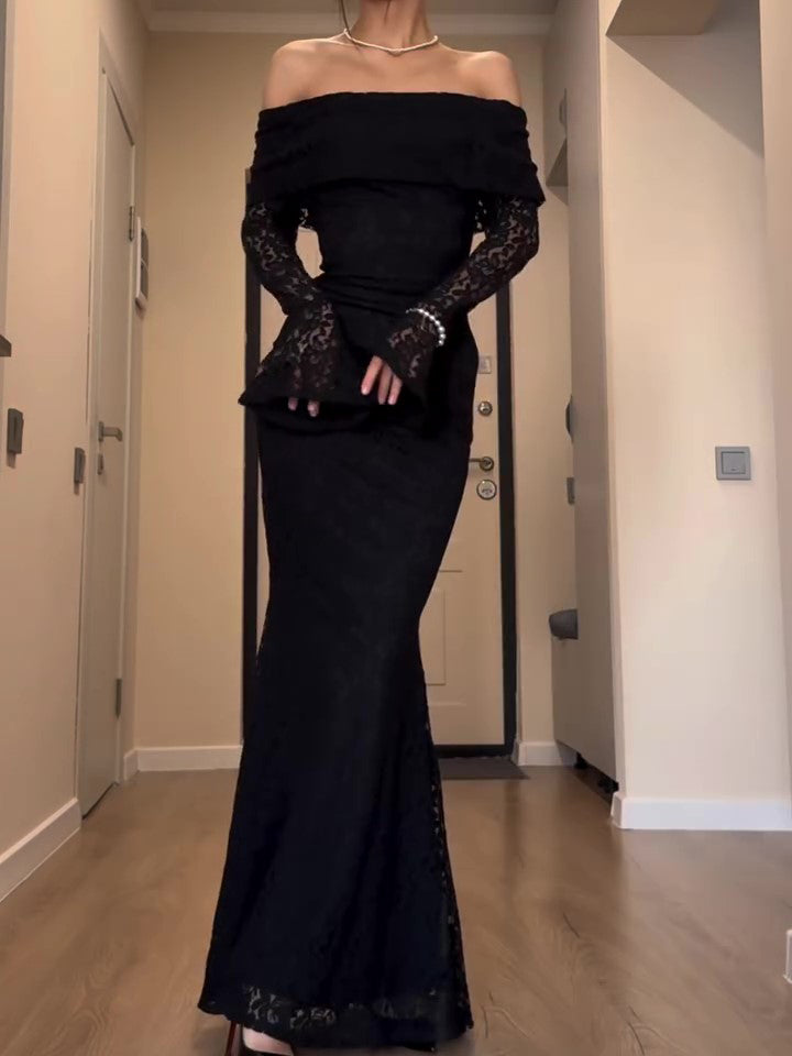 Vestido largo de encaje con hombros descubiertos y manga larga negro – Ajuste entallado