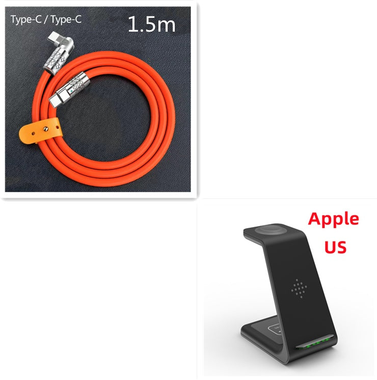 Wireless charger stand with cable, black, 1.5m, Lightning to Type-C connectors, orange cord