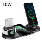 Wireless charging dock station with black phone, smartwatch, earbuds, and wireless charging pad