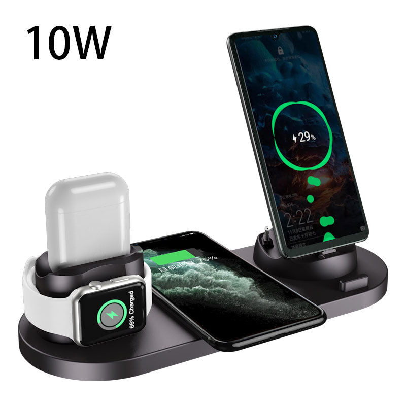 Wireless charging dock station with black phone, smartwatch, earbuds, and wireless charging pad