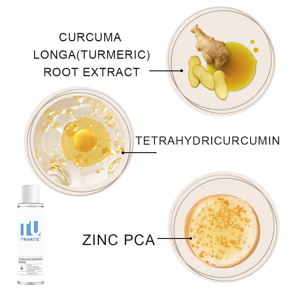 Tunmate toner ingredient illustration showing curcuma root extract and zinc PCA circles