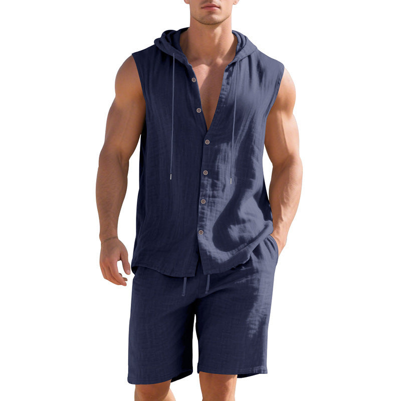 Men's sleeveless two-piece set in dark blue, hooded button-front shirt and matching shorts.