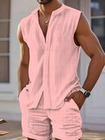 Men's pink sleeveless crew-neck tank top and matching shorts set, button front