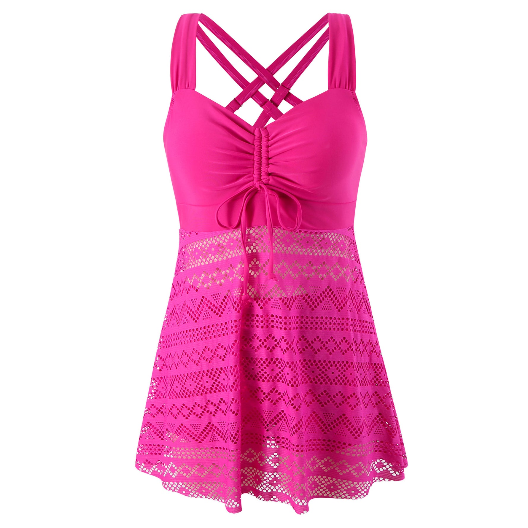 Hot pink one-piece swimsuit with crisscross back straps and lace overlay skirt