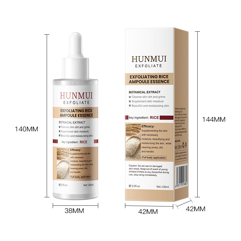 HUNMUI exfoliating rice ampoule bottle and box with size dimensions