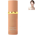 Tall amber liquid foundation bottle with gold ring cap, SPF serum label area