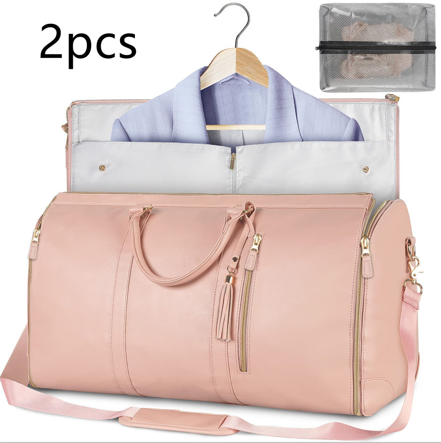 Light pink waterproof duffel set with open organizer and clear mesh storage pouch