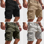 Men's cargo shorts shown in black, tan, olive, and light gray with cargo pockets