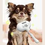 White pet grooming brush held near a dog’s fur, rounded comb head with pins