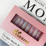 Pastel galaxy press-on nail set in a box, featuring full coverage 3D crystal rhinestones