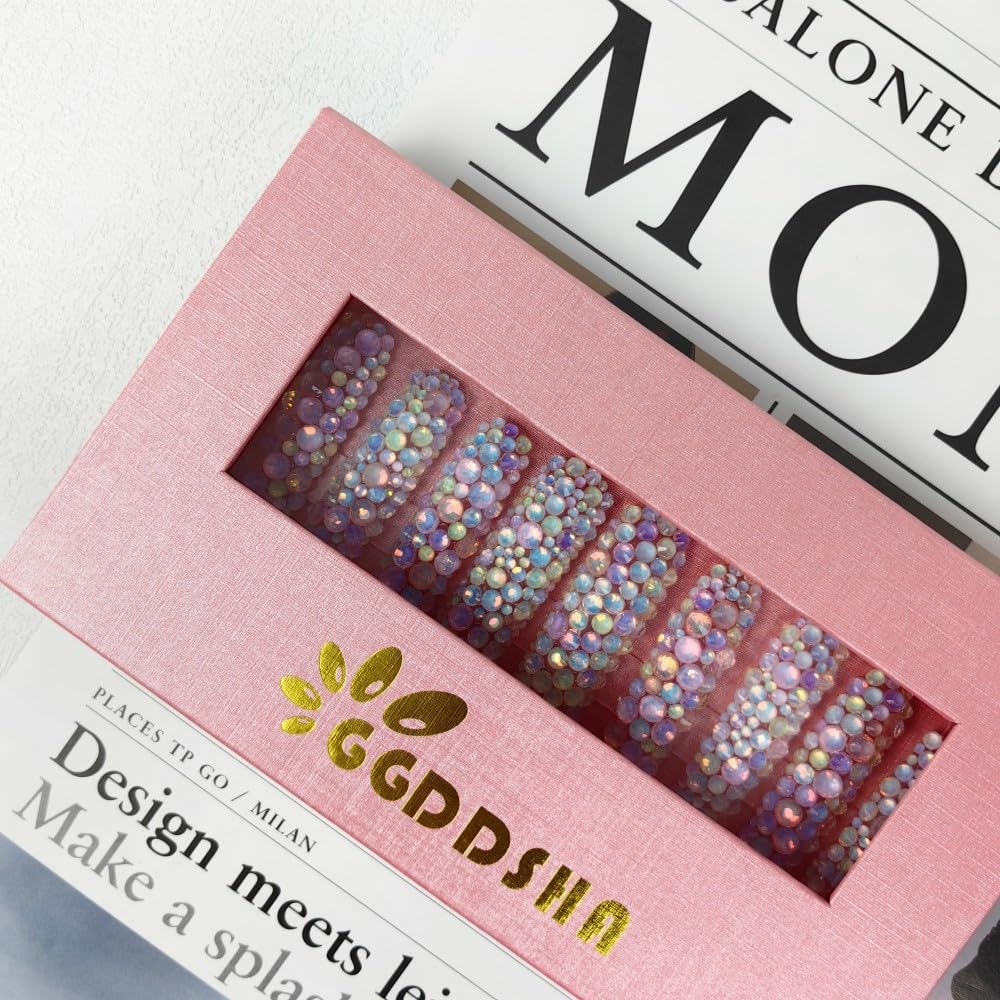 Pastel galaxy press-on nail set in a box, featuring full coverage 3D crystal rhinestones