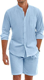 Men's light blue long-sleeve button shirt and matching shorts two-piece set