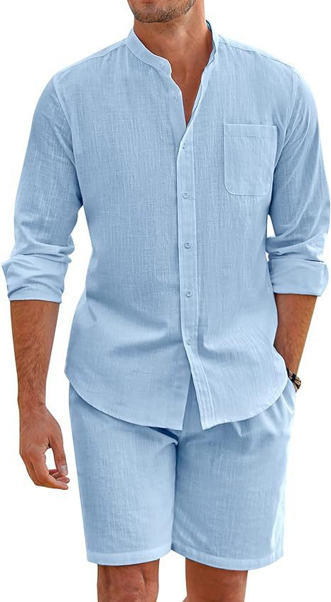 Men's light blue long-sleeve button shirt and matching shorts two-piece set