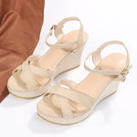 Beige open-toe wedge sandals, cross straps with buckle, woven hemp rope sole