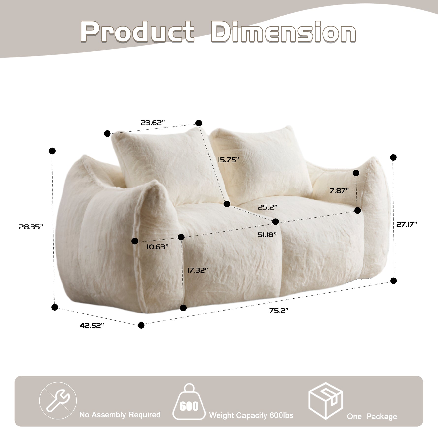 White bean bag loveseat sofa silhouette with dimension markers