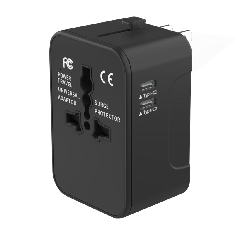 Black universal travel adapter with Type-C plug ports and surge protector