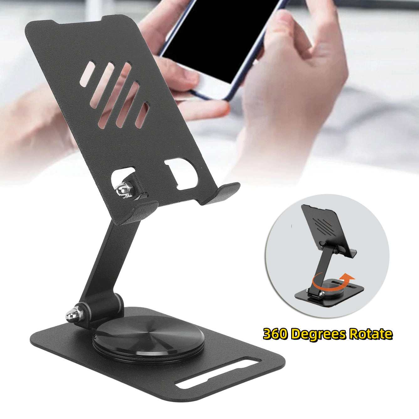 Soporte de escritorio metálico giratorio 360 grados para teléfono móvil/tablet, ajustable