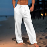 White drawstring pocket wide-leg pants, men's cotton straight trousers