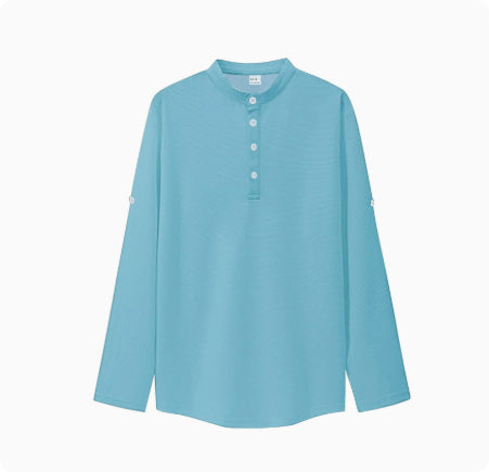 Men's stand-collar textured shirt, turquoise blue with button placket and long sleeves
