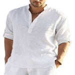 Men's cotton-linen stand-collar button shirt, white, short sleeves
