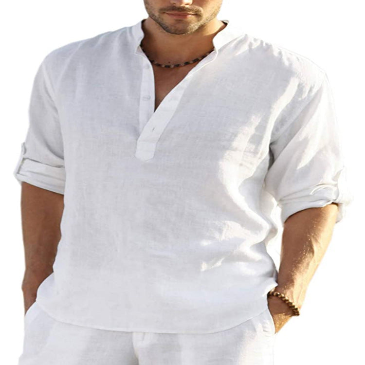 Men's cotton-linen stand-collar button shirt, white, short sleeves