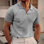 Waffle V-neck polo shirt, short sleeves, light gray with button placket and ribbed texture