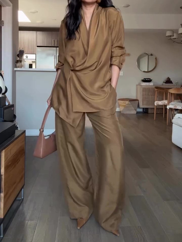 Camel satin wrap-style blouse and wide-leg pants set, overlapping wrap front detail