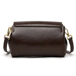 Dark brown PU crossbody bag with top flap, gold-tone clasps, and crossbody strap